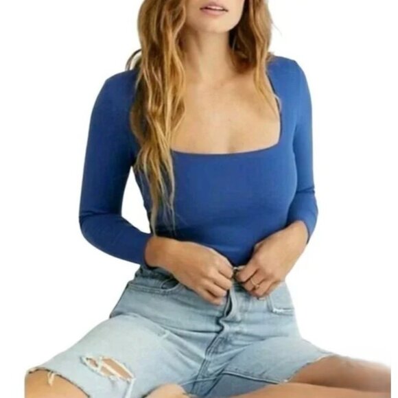 NWT Free People Intimately Free Truth Or Square Long Sleeve Bodysuit Blue Size S - Picture 2 of 8